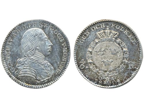 Coins, Sweden. Gustav IV Adolf, SM 43, 1/6 riksdaler 1808. 6.23 g. Stockholm. Beautiful example with lustrous surfaces and light toning. SMB 49. 01/0.