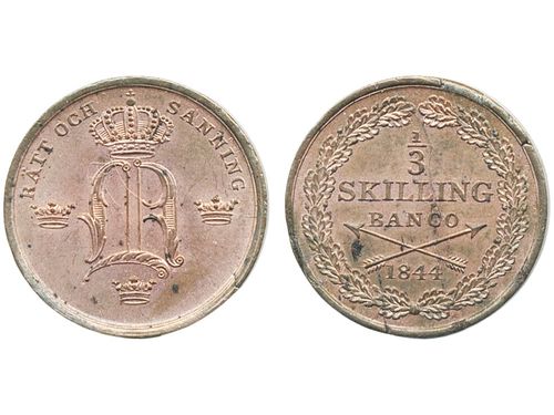 Coins, Sweden. Oskar I, SM 110, 1/3 skilling banco 1844. Lustrous example with much red lustre, some black spots. MIS 1. SMB 116. 01.