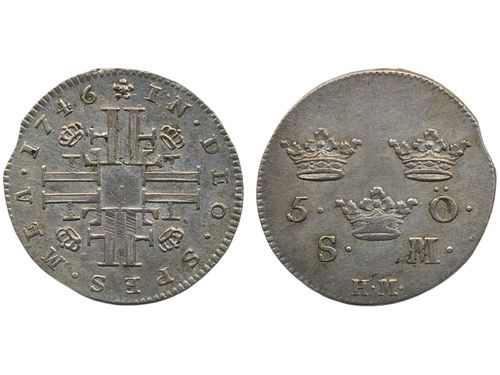 Coins, Sweden. Fredrik I, SM 150, 5 öre 1746. 3.36 g. Stockholm. Minor edge clip from production. SMB 151. 1+/01.