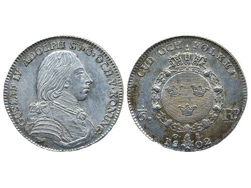 Coins, Sweden. Gustav IV Adolf, SM 37, 1/6 riksdaler 1802. 6.11 g. Stockholm. Minor adjustment marks. SMB 40. 1+/01.
