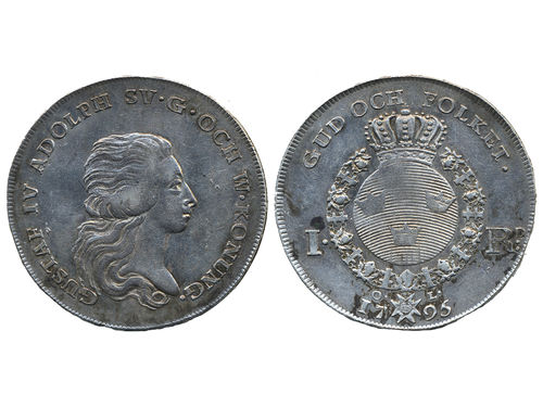 Coins, Sweden. Gustav IV Adolf, SM 24, 1 riksdaler 1795. 29.12 g. Stockholm. Scratches in field in front of portrait. SMB 17. 1/1+.
