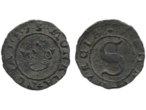 Coins, Sweden. Sigismund, SM 26a, 1 fyrk 1593. 0.88 g. Stockholm. SMB 36. 1+.