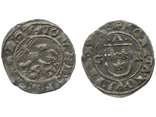 Coins, Sweden. Johan, Duke of Östergötland, SM 6i, 1 öre 1617. 1.17 g. Söderköping. Attractive example with hints of lustre. SMB 14. 1+/01.