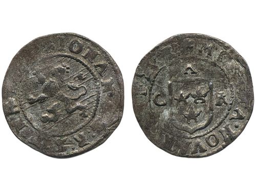 Coins, Sweden. Johan, Duke of Östergötland, SM 6m, 1 öre ND. 1.25 g. Söderköping (?). Partly weakly struck. Some lustre in devices. SMB 8. 1+/01.