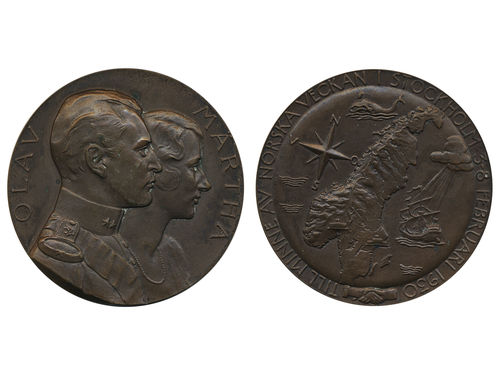 Medals, regal, Sweden. 1930. 44.44 g bronze, King Olav and queen Märtha of Norway, In memory of the Norwegian week 1930 in Stockholm., Svante Nilsson, 45 mm. 01.