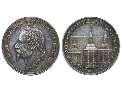 Coins, Sweden. Oskar I, SM 143, Largesse medal (½ riksdaler specie) for the King´s funeral 1859. 12.68 g. 1/1+.