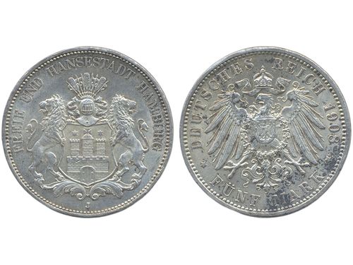 Coins, Germany, Hamburg. KM 293, 5 mark 1908 J. Lustrous example. Reverse spots. Jaeger 65. XF.