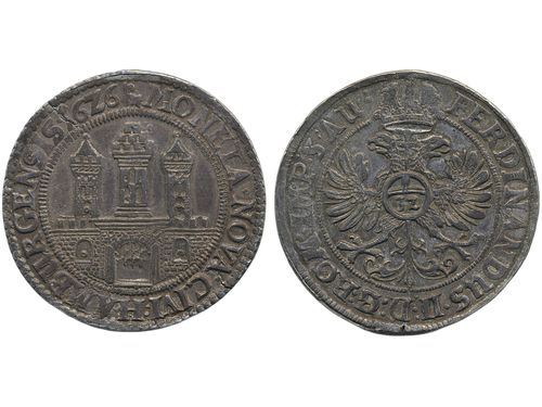 Coins, Germany, Hamburg. Dav 5365, 1 taler 1626. 27.53 g. Minor planchet crack at edge. Attractively toned example. VF-XF.