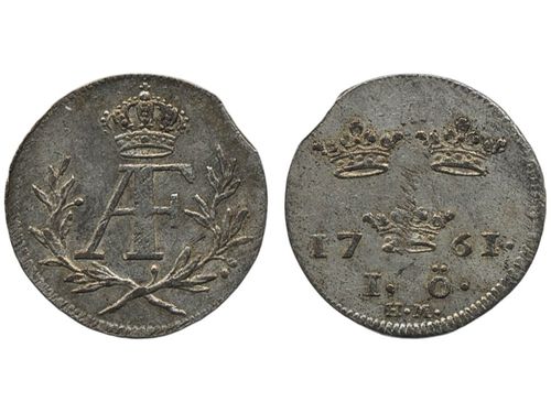 Coins, Sweden. Adolf Fredrik, SM 119, 1 öre 1761. 1.10 g. Stockholm. Lustrous and attractive example. Minor edge clip from production. SMB 108. 01.