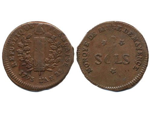 Coins, Germany, Mainz. KM 602, 2 sols 1793. 4.83 g. Siege coinage. XF.