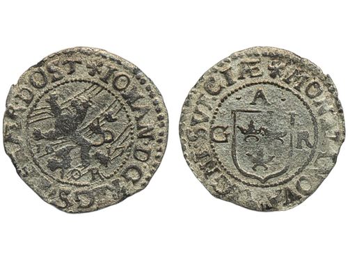 Coins, Sweden. Johan, Duke of Östergötland, SM 6d, 1 öre 1617. 1.38 g. Söderköping. Slightly corroded. 1/1+.