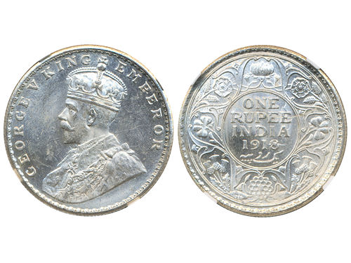 Coins, India. George V (1910-1936), KM 524, 1 rupee 1918. Bombay mint. Graded by NGC as MS62. XF-UNC.