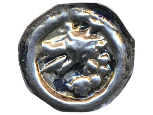 Coins, Sweden. Valdemar Birgersson, LL XVII:7, 1 penning ND. 0.17 g. Lödöse. Bracteate. Crowned Lion's head facing left. Ex. Myntkompaniet auction 6 lot 10. SMB 137. 01.
