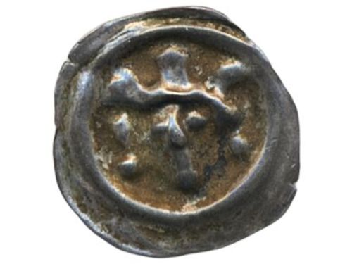 Coins, Sweden. Valdemar Birgersson, LL XVII:1b, 1 penning ND. 0.15 g. Örebro. Bracteate. Crowned head facing. Attractive example with some lustre and good details. SMB 126. 1+/01.