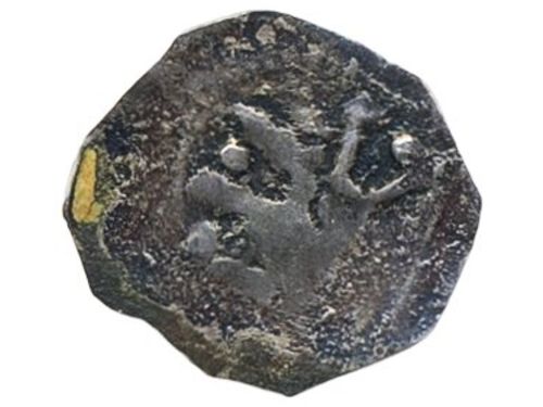 Coins, Sweden. Medeltid - Gotland, LL XXII:6b, 1 penning ND. 0.15 g. Visby. One-sided bracteate strike. Partly weakly struck showing partial design of wheel cross without centre ring and without surrounding pearls. Pearls in each angle. RR. SMB 26. 1+.