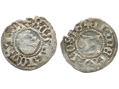 Coins, Sweden. Sten Sture den äldre, LL 16i, ½ örtug ND. 0.72 g. Västerås. Minor edge irregularity. Reverse with dot to the left of unical A. SMB 412. 1/1+.