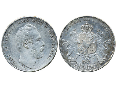Coins, Sweden. Karl XV, SM 27b, 2 riksdaler riksmynt 1871. Polished, scratches. 1/1+.