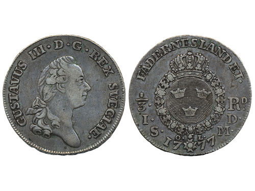 Coins, Sweden. Gustav III, SM 61, 1/3 riksdaler 1777. 9.73 g. Stockholm. 1+.