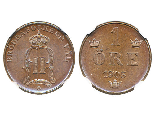 Coins, Sweden. Oskar II, MIS III.32, 1 öre 1905. Beautiful, lustrous, virtually flawless example. Tied as finest graded by NGC as MS66BN. 0.