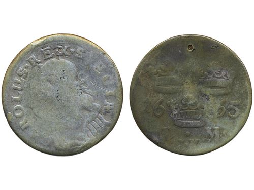 Coins, Sweden. Karl XI, SM 164a, 1 mark 1665. 4.54 g. Stockholm. IK. Crown type E2 (Falkensson). Initiated (not through) small drill hole. RR (for the variety). SMB: 265a. Bon: 424. 2/1?