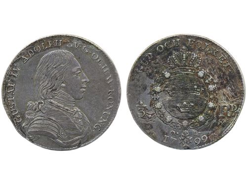 Coins, Sweden. Gustav IV Adolf, SM 32, 1/3 riksdaler 1799. 9.65 g. Stockholm. Many scratches on the reverse. SMB 35. 1+.