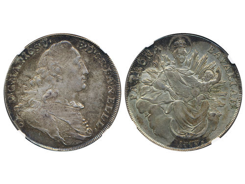 Coins, Germany, Bavaria. KM 234.2, 1 Thaler 1777. Davenport 1953. Graded by NGC as AU55. VF-XF.
