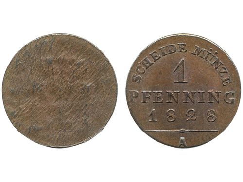 Coins, Germany, Prussia. KM 405, 1 Pfenning 1828A. 1.53 g. Fredrich Wilhelm III. Mint error, one sided. Scarce! XF-UNC.