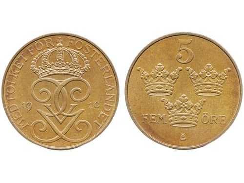 Coins, Sweden. Gustav V, MIS I.8a, 5 öre 1916/5. Short 6/5. SM 184a. SMB 235. 0.