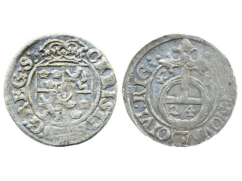 Coins, Swedish possessions, Riga. Kristina, SB 52, 1/24 taler 1648. 1.12 g. Lustrous example. Partly weakly struck. SMB 350. 01.
