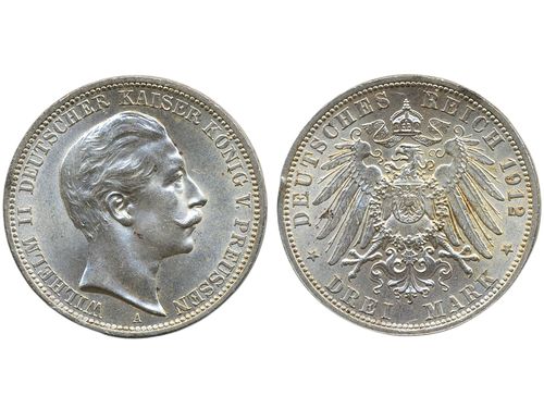 Coins, Germany, Prussia. Wilhelm II (1888-1918), KM 527, 3 mark 1912. Berlin mint. Minor contact marks on lustrous example. Jaeger 82. XF-UNC.