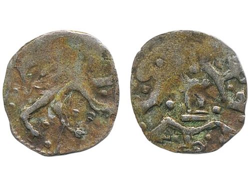 Coins, Sweden. Magnus Eriksson, LL XXVII:18, 1 penning ND. 0.27 g. Unknown mint. Right facing rampant lion)(Three crowns with tower and three dots. SMB 212. 1/1+.