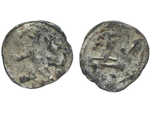 Coins, Sweden. Magnus Eriksson, LL XXVI:4, 1 penning ND. 0.40 g. Unknown mint. Left facing rampant lion)(Crown with two pellets. Reverse die identical with SMB 188. SMB 186 for main type. 1/1+.
