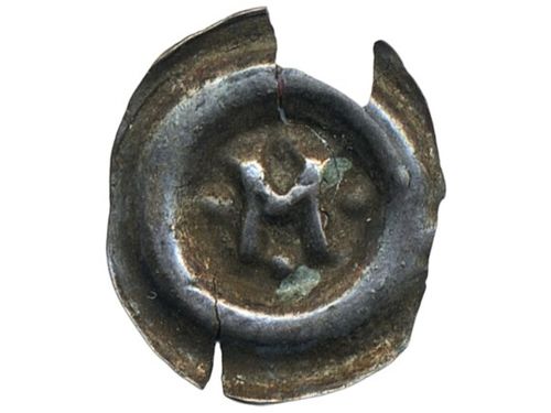 Coins, Sweden. Magnus Ladulås, LL X:3c, 1 penning ND. 0.22 g. Uppsala (?). Bracteate. M within plain ring with dots left, right and beneath. Edge loss. SMB 152. 1+.