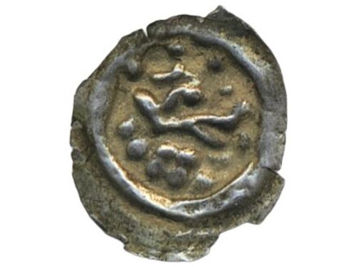 Coins, Sweden. Valdemar Birgersson, LL XVII:4b, 1 penning ND. 0.06 g. Lödöse. Bracteate. Crowned Lion's head facing right. SMB 132. 1+.