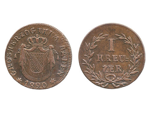 Coins, Germany, Baden. Ludwig I (1818–1830), KM 167, 1 kreuzer 1820. 5.47 g. Scarce type. Jaeger 17b. VF.