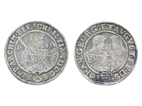 Coins, Germany, Saxony. Christian II, Johann Georg I and August (1591-1611), KM 14, ½ taler 1611. 14.56 g. Dresden. Attractive well struck and problem free example of the last date of the type. Kahnt 248. VF-XF.
