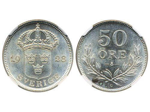 Coins, Sweden. Gustav V, MIS I.7, 50 öre 1928. Graded by NGC as MS63. SM 80. 01/0.