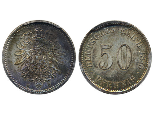 Coins, Germany, Weimar Republic. KM 6, 50 pfennig 1876 H. Toned, lustrous example. Graded by PCGS as MS62. XF-UNC.