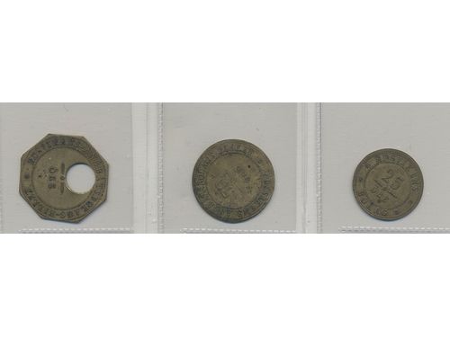 Tokens, Sweden. SP 5B 2:2-4, Edsvikens ångbåtsbolag. Brass 50, 25 and punched out value (octagonal). End of the 19th century. SP.5B.2:2-4. Three pcs in total. 1/1+-1+.