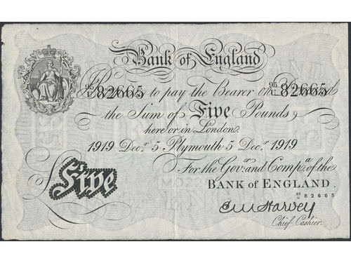 Banknotes, Great Britain. KM 312 h., 5 pounds 1919. No: 95 U, 82665. Plymouth. F.