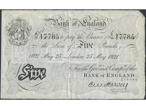 Banknotes, Great Britain. KM 312a., 5 pounds 1921. No: B65, 177785. London. F.