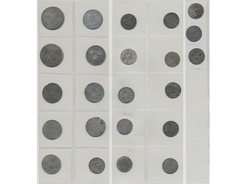 Coins, Sweden. Fredrik I, 23 silver coins, 10 öre–1 öre, 1722–1743, mixed quality.  .