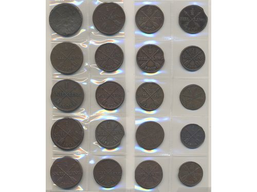 Coins, Sweden. Gustav IV Adolf, 50 bronze coins, 1799–1808, mixed quality.  .