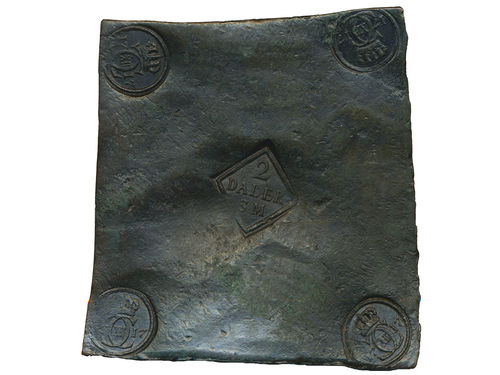 Coins, Sweden. Karl XII, SM 169, 2 daler SM (plate money) 1717. 1536 g. Avesta. Attractive example with dark patina. A few patches of light verdigris. SMB 172. 1+/01.