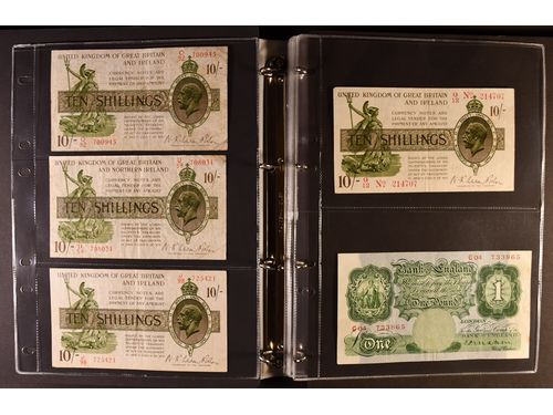 Banknotes, Great Britain. One album with 23 banknotes, 1917–1918, ten shillings and 1 pound, mixed quality.  .
