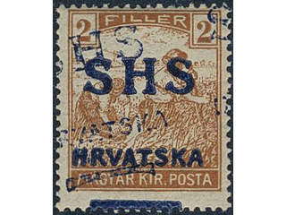 Yugoslavia. Michel 66DD ★★, 1918 SHS overprint on 2 f ochre with double overprint, one …