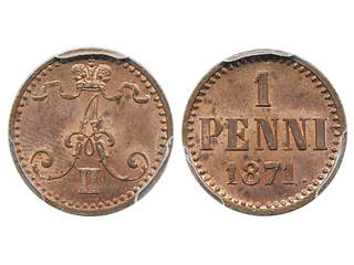 Coins, Finland. Alexander II, KM 1.1, 1 penni 1871. Graded by PCGS as MS64 RB. 0.