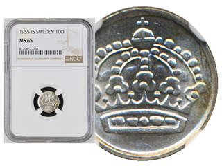 Coins, Sweden. Gustav VI Adolf, MIS I.4, 10 öre 1955. Graded by NGC as MS65. SM 96. 0.