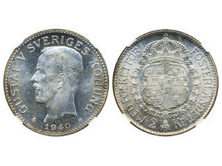 Coins, Sweden. Gustav V, MIS I.20c, 2 kronor 1940. Single highest graded by NGC as MS64. …