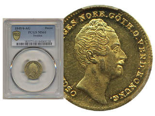 Coins, Sweden. Oskar I, MIS 7, 1 dukat 1849/4. Sole finest graded by PCGS as MS61. SG …